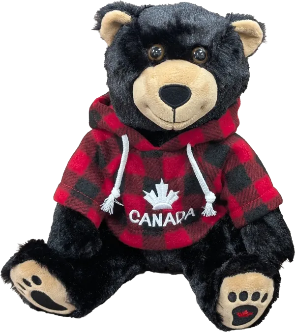 10 inch Smiley Sitting Black Bear Red Jack Hoody Canada