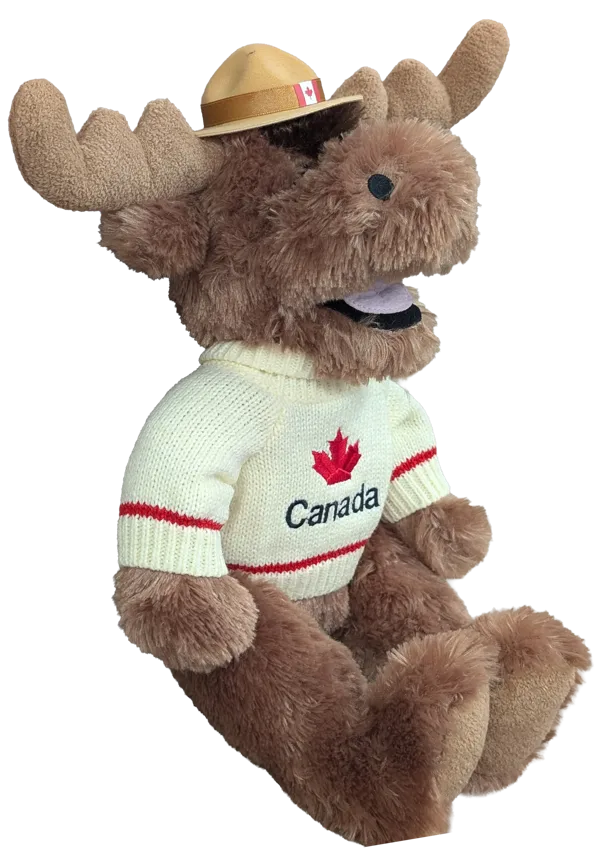 15 inch Happy Moose plush wearing a Canada sweater and hat