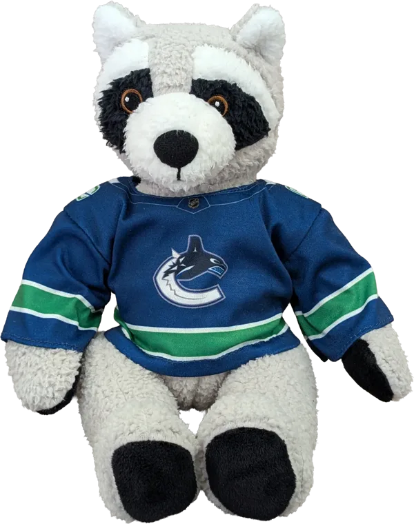 10 inch Curly Critter Raccoon, Vancouver Canucks Jersey