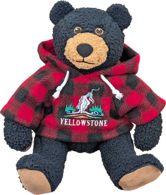 Black bear plush wearing a custom-embroidered Yellowstone hoodie