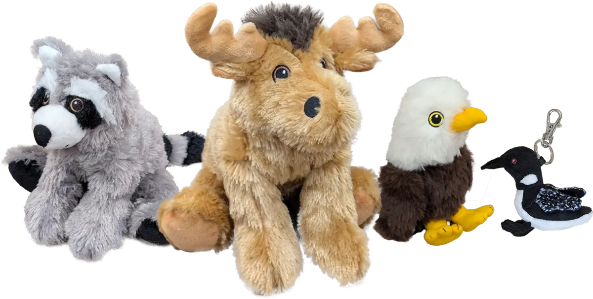 A group of Stuffed Animal House plush: raccoon, moose, bald eagle and loon keychain